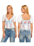 Womens Summer Crop Tops Puff Short Sleeve V Neck Floral Print T-shirts