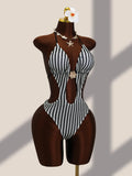 Vintage Black Striped One Piece Swimwear Women 2026 3D Metal Flower Hollow Out Backless Beach Holiday Bathing Suit Swimsuit