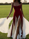 Color Matching Spaghetti Strap Dresses Women Sexy Low Cut Slim Slit Long Dress Fashion Party Prom Evening Vestidos Female