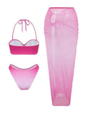 Sexy Pink Gradient Swimwear Women 2026 Pleate Push Up Drawstring Side Long Skirt 3 Piece Bikini Set Beach Bathing Suit Swimsuit