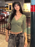 FDYOUI Women's T-shirt Tops Casual Fashion Lace Patchwork Green T Shirts Female Clothing V-neck Ruched Slim Crop Top Streetwear