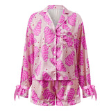 Women's Christmas 2 Pieces Pajama Sets Fashionable Santa Printed Long Sleeve Tops with Shorts Satin Soft Sleepwear