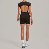 Tight Invisible Wrinkle Yoga Sets Women Short Sleeve O Neck Hollow Back Sports Tank Top Butt-Lifting Shorts Gym Fitness Suits