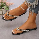 Summer Beach Pearl Decor Flip Flops Women Fashion Black Flat Clip Toe Slippers Female Plus Size Non Slip Pu Leather Slides Mujer