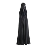Elegant Solid Color Satin Halter Lace Up Long Dress Sexy Off Shoulder Backless Sleeveless Bodycon Dresses New Lady Party Robe