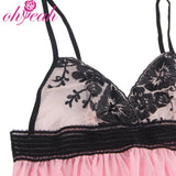 Pink Embroidery Lace Babydoll Nightdress for Women Sheer Mesh V Neck Sleepwear Plus Size With Thong