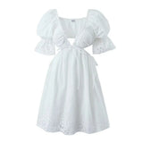 Foridol Lace Summer White Dress Women Puff Sleeve Embriodery Waist Cut Out Beach Short Sexy Cotton Dress Backless 2025 Sundress