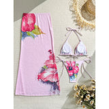10 Color Flowers Halter Bikini Female Swimsuit Women Swimwear Three-pieces Bikini set With Skirt Bather Bathing Suit Swim V6637C