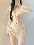 New Korean Push Up Bikinis Sets Solid Beige Long Sleeve Cover Up Mesh Skirt 4 Piece Swimsuit Beach Holiday Bathing Suit Swimwear