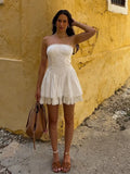 White Lace Dress Women Strapless Sleeveless Short Summer Dress Corset Cotton Mini Beach Casual Vestidos Party Dress 2025