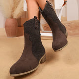 Brown Pu Leather Pleated Ankle Boots Women Plus Size 36-43 Thick Heeled Western Booties Mujer 2025 Slip On Cowboy Boots Woman