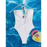 S - XL Cut Out Halter Metal Ring Women Swimwear One Piece Swimsuit Female High Cut Leg Monokini Bather Bathing Suit Swim K7062
