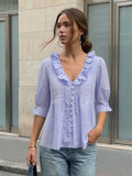 Women's Summer Blouse Solid Color Ruffle Flounce V Neck Short Sleeve Button Down Tops Casual Loose Shirts