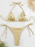 Sexy Shiny Pu Faux Leather Bikini 2025 Women Swimwear Female Swimsuit Two-pieces Bikini set String Bather Bathing Suit Swim Lady