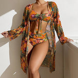 Sexy High Waisted Bikini 3 Pieces Floral Printed Swimsuit Size 3XL-S Women Bikini Set With Mesh Long-Sleeved Blouse Super Sales
