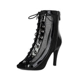 Plus Size Women Patent Leather Mesh Spliced Ankle Boots Back Zipper Peep Toe Lace Up Stiletto High Heels Hollow Out Summer Booti