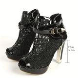 Summer Party Ankle Booties Black High Heels Platform Sandals Women Peep Toe Elegant Lace White Wedding Bridal Dress Shoes