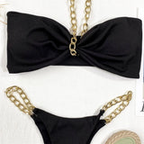 Women Swimwear Metal Chain Halter Ribbed Bikini Female Swimsuit Two-Pieces Bikini Set High Cut Bather Bathing Suit Swim V2989
