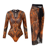 2025 Sexy Women's Retro Print Scoop Neck Padded Long Sleeve One Piece Swimsuits High Cut Bathing Suits Swimwear Bodysuit