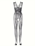 Sheer Floral Jacquard Fishnet Bodysuit - High Stretch, Open Chest, Women's Sexy Lingerie Crotchless Bodystockings Erotic Outfits