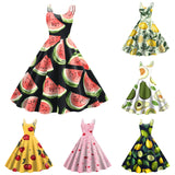 Retro Rockability Party Prom Dresses For Women Vintage Fashion Fruit Print Sleeveless A Line Dress Elegant Summer Evening Dress