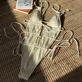 Deep V Neck Halter Wrinkled Female Swimwear One Piece Swimsuit Women Backless Monokini High Cut Bather Bathing Suit Swim Lady