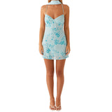 Women's Summer Sequined Flower Embroidery Beaded Bodycon Mini Dress Sleeveless Spaghetti Strap V Neck Night Out Dress with Scarf