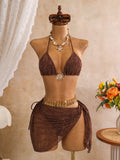 Sexy Mesh Cover Up 3 Piece Bikini Set 2026 Women White Metal Circle Push Up Bra Thong Swimwear Holiday Bathing Suit Swimsuit