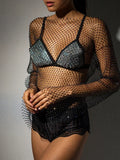 Women Rhinestone Fishnet T-shirt Solid Color Long Sleeve Crop Tops See Through Hollow Out Sexy Shirts Female Smock Tops