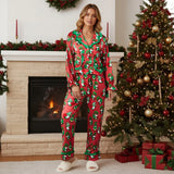 Women's Christmas Pajama Sets Fashionable Lapel V Neck Long Sleeve Printed Tops with Pants 2 Pieces Soft Sleepwear