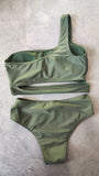 Woman 2026 Bikini One Shoulder Top Olive Green Bikinis High Waist Brief Side Cut Out Swimwear Solid Cropped Top Two Piece