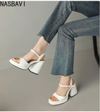 NASBAVI Women Patent Leather Sandals Super Chunky High Heeled Ankle Buckle Shoes Platform Summer Thick Heel Sandal Ladies 35-43