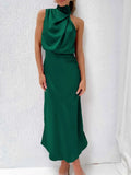 Foridol One Shoulder Turtleneck Tank Satin Women Party Dress Robe Zip Sleeveless Elegant Vintage Folds Women Clothing 2025