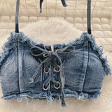 Bathing Suit Women Sexy Denim Suits Bikini Set Lace Up Drawstring Beachwear 2025 Solid Summer Vintage Two-pieces Swimwear