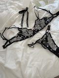 French Retro Lace Bra & Thong Set | Sexy Polka Dot Sheer Mesh Lingerie for Plus Size Big Bust, Ultra Thin MOYISU Panty TUSHY Set