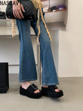 Women Punk Lazy Platform Sandals Buckle Design Garden Shoes Roman Street Slippers Flip Flops Denim Blue Outdoor Beach Shoes