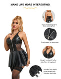 Baby Doll Black PU Leather Lace Sexy Halter Dress With Garter Belts Daring Lingerie for Women Plus Size Club Wear Ladies Dresses