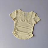 Women's Summer Yoga Sports Top Short Sleeve Pleated Waist Cinching Mesh Spliced Breathable Fitness T-Shirt