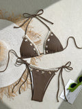 Shell Decoration Ribbed Halter Strappy Bikini Women Swimwear Female Swimsuit Two-pieces Bikini Set Bather Bathing Suit Swim Lady