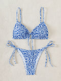 Sexy Floral Print Micro Bikinis Sets Two Pieces Blue Porcelain Swimwear Drawstring Swimsuit Women Biquini Thong Bathing Suits