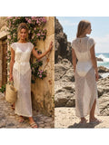 Women's Solid Color Knit Sheer Dress Summer Swim Cover Up Cap Sleeve Round Neck Sequin Dresses for Beach
