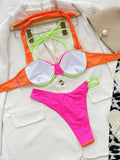 2026 Sexy Bikini Push Up Block Color Patchwork Halter Hollow Swimwear Swimsuit Women Bikini Set Bathing Suit Beach Bikinis Mujer