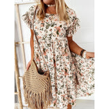 Summer Lady Ruffle Mini A Line Dress Women Casual Floral Print Dresses O Neck Elegant Short Sleeve Midi Dress Vacation Vestidos