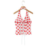Spring And Summer New Style Sweet Red Plaid Unique Back Drawstring Top Halter Neck V-neck Sexy Slim-fit Tank Top Casual UH75