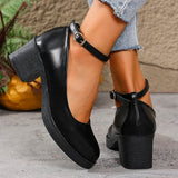 Black Thick Heeled Mary Jane Shoes Women Plus Size 42 Ankle Buckle Platform Pumps Woman Office Pu Leather High Heels Shoes Mujer