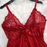 Transparent Red Lingerie Women's Underwear Sleepwear Lace Nightdress And Panty Pijamas Sets Female Nighty
