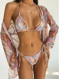 With Cover Up Leaves Printed Bikini Women Swimwear Female Swimsuit Three-pieces Bikini Set Bather Bathing Suit Swim Beachwear