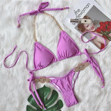 2026 Sexy Bikini Women Swimwear Swimsuit Luxury Rhinestone Metal Chain Halter Purple Triangle Beach Bikinis Set Bathing Suit New