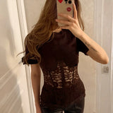 FDYOUI Woman Clothing Lace Patchwork Corset T-shirt 2026 Elegant Sexy Short Sleeve See-through Black Tops Y2K Girls T-shirts
