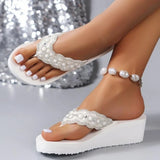 2025 Women Beach Flip Flops Summer Wedges Shoes Bling Rhinestone Soft EVA Girls Home Street Slippers Mid-heel Fashion Sandals